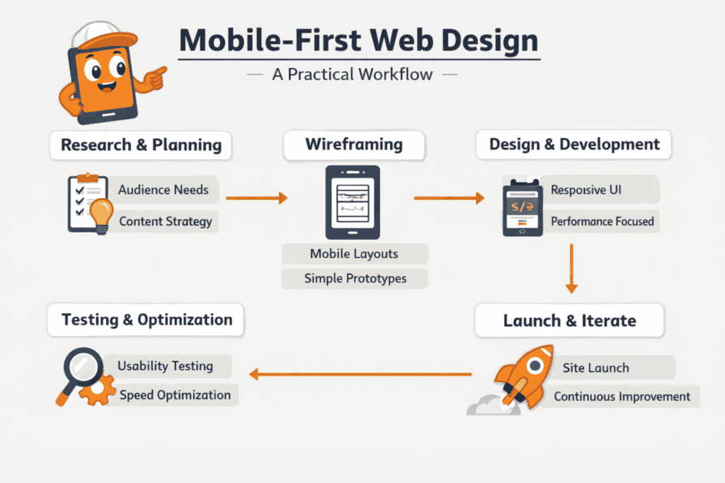 Mobile-First Web Design: A Practical Workflow, make an educational work flow for mobile first design, make up a mascot character to use in the infographic