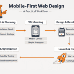Mobile-First Web Design: A Practical Workflow,  make an educational work flow for mobile first design,   make up a mascot character to use in the infographic