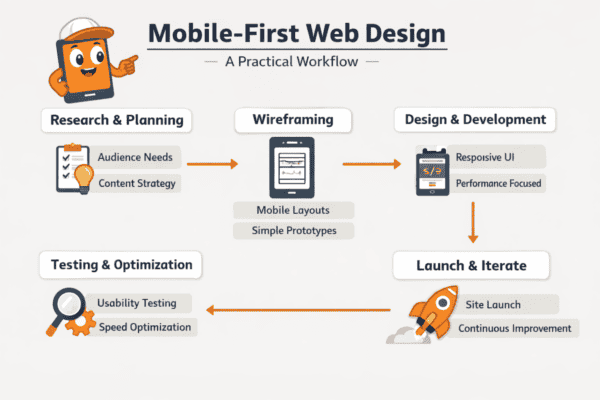 Mobile-First Web Design: A Practical Workflow,  make an educational work flow for mobile first design,   make up a mascot character to use in the infographic